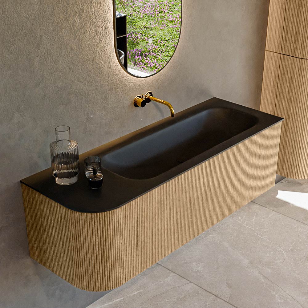 Mondiaz KURVE 135 cm Onderkast Greeploos 1 Lade Met Deuren Oak, Wastafel Solid Surface Rechts Urban 0 Kraangaten Zonder Spiegel (KRVBGM135L1L1D0KR-Oak/Urb)