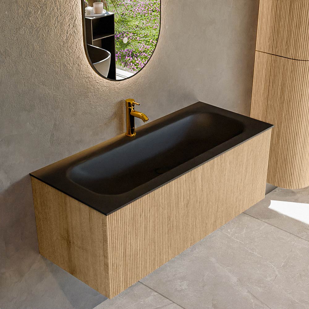 Mondiaz KURVE 110 cm Onderkast Greeploos 1 Lade Zonder Deuren Oak, Wastafel Solid Surface Volledig Urban 1 Kraangat Zonder Spiegel (KRVBGM1101L0D1KM-Oak/Urb)