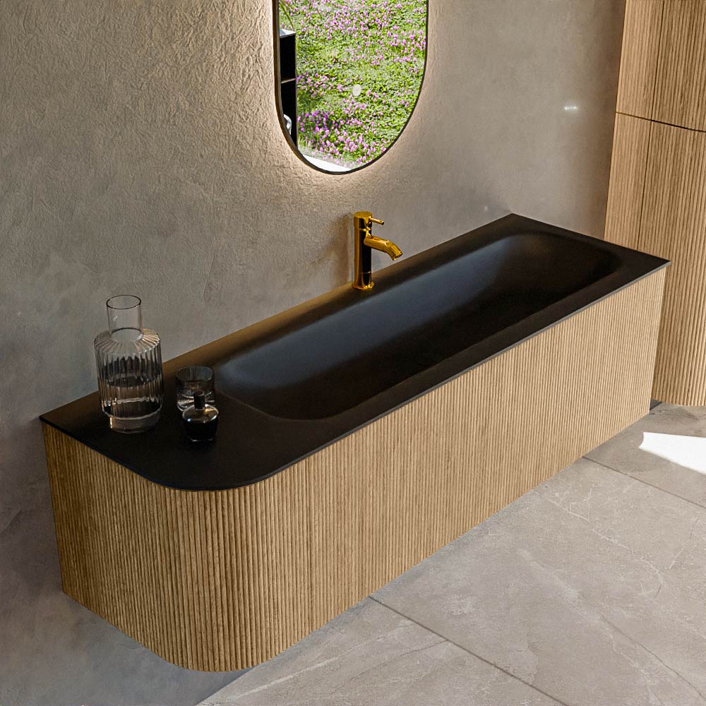 Mondiaz KURVE 145 cm Onderkast Greeploos 1 Lade Met Deuren Oak, Wastafel Solid Surface Rechts Urban 1 Kraangat Zonder Spiegel (KRVBGL145L1L1D1KR-Oak/Urb)