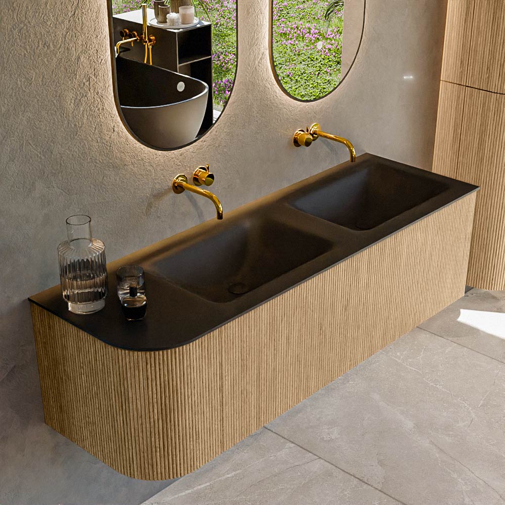 Mondiaz KURVE 145 cm Onderkast Greeploos 1 Lade Met Deuren Oak, Wastafel Solid Surface Rechts Urban 0 Kraangaten Zonder Spiegel (KRVCLO145L1L1D0KD-Oak/Urb)