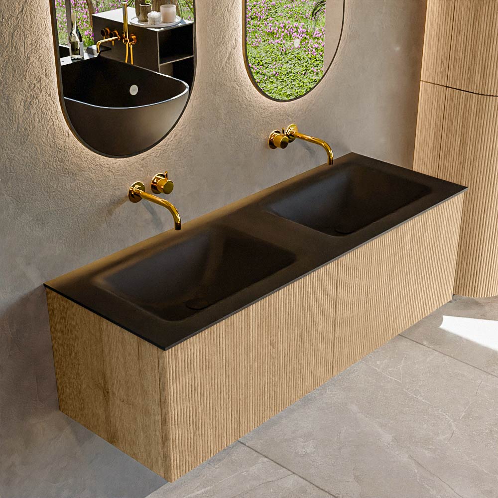 Mondiaz KURVE 130 cm Onderkast Greeploos 2 Lades Zonder Deuren Oak, Wastafel Solid Surface Dubbel Urban 0 Kraangaten Zonder Spiegel (KRVCLO1302L0D0KD-Oak/Urb)
