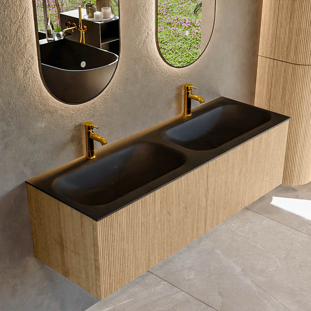 Mondiaz KURVE 140 cm Onderkast Greeploos 2 Lades Zonder Deuren Oak, Wastafel Solid Surface Dubbel Urban 2 Kraangaten Zonder Spiegel (KRVBGS1402L0D2KD-Oak/Urb)