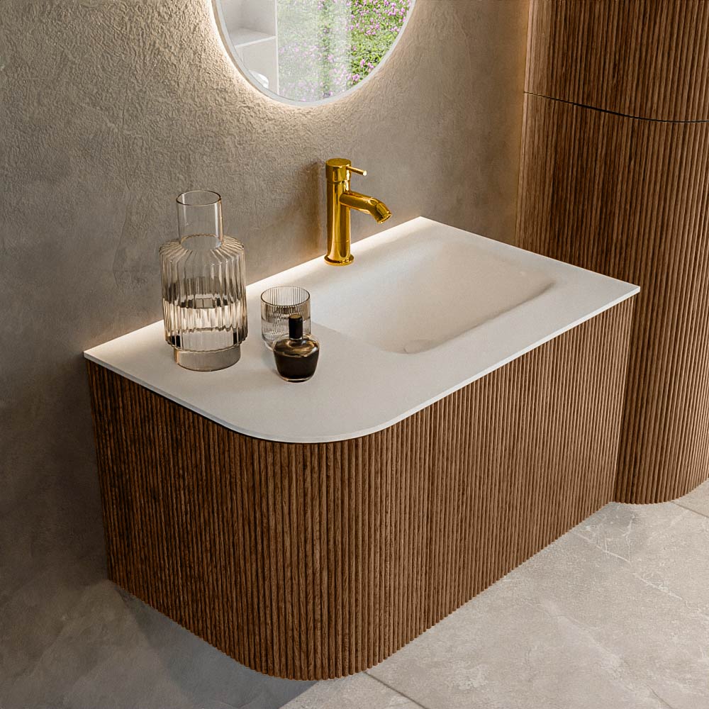 Mondiaz KURVE 75 cm Onderkast Greeploos 1 Lade Met Deuren Walnut, Wastafel Solid Surface Rechts Talc 1 Kraangat Zonder Spiegel (KRVGRU75L1L1D1KR-Wal/Tal)