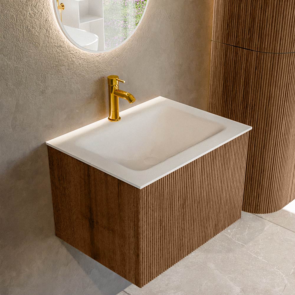 Mondiaz KURVE 60 cm Onderkast Greeploos 1 Lade Zonder Deuren Walnut, Wastafel Solid Surface Midden Talc 1 Kraangat Zonder Spiegel (KRVCLO601L0D1KM-Wal/Tal)