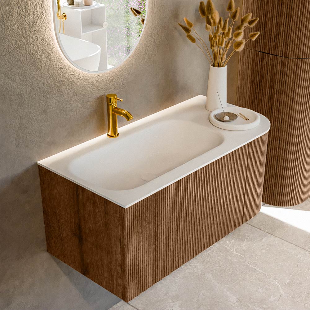 Mondiaz KURVE 95 cm Onderkast Greeploos 1 Lade Met Deuren Walnut, Wastafel Solid Surface Links Talc 1 Kraangat Zonder Spiegel (KRVBGS95R1L1D1KL-Wal/Tal)