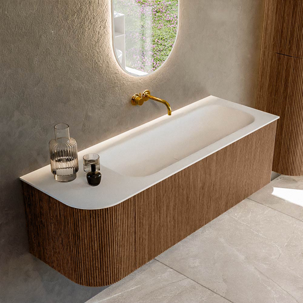 Mondiaz KURVE 135 cm Onderkast Greeploos 1 Lade Met Deuren Walnut, Wastafel Solid Surface Rechts Talc 0 Kraangaten Zonder Spiegel (KRVBGM135L1L1D0KR-Wal/Tal)