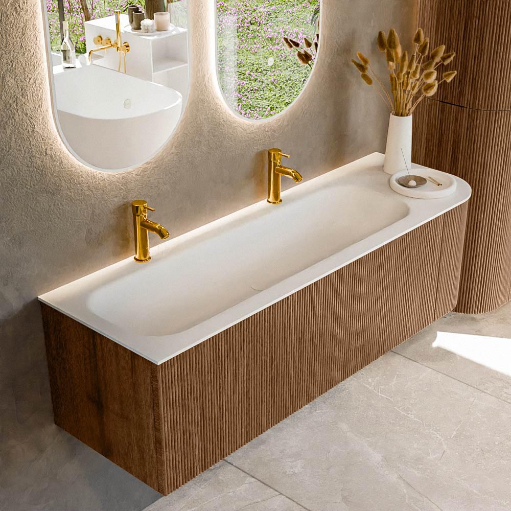 Mondiaz KURVE 145 cm Onderkast Greeploos 1 Lade Met Deuren Walnut, Wastafel Solid Surface Links Talc 2 Kraangaten Zonder Spiegel (KRVBGL145R1L1D2KL-Wal/Tal)