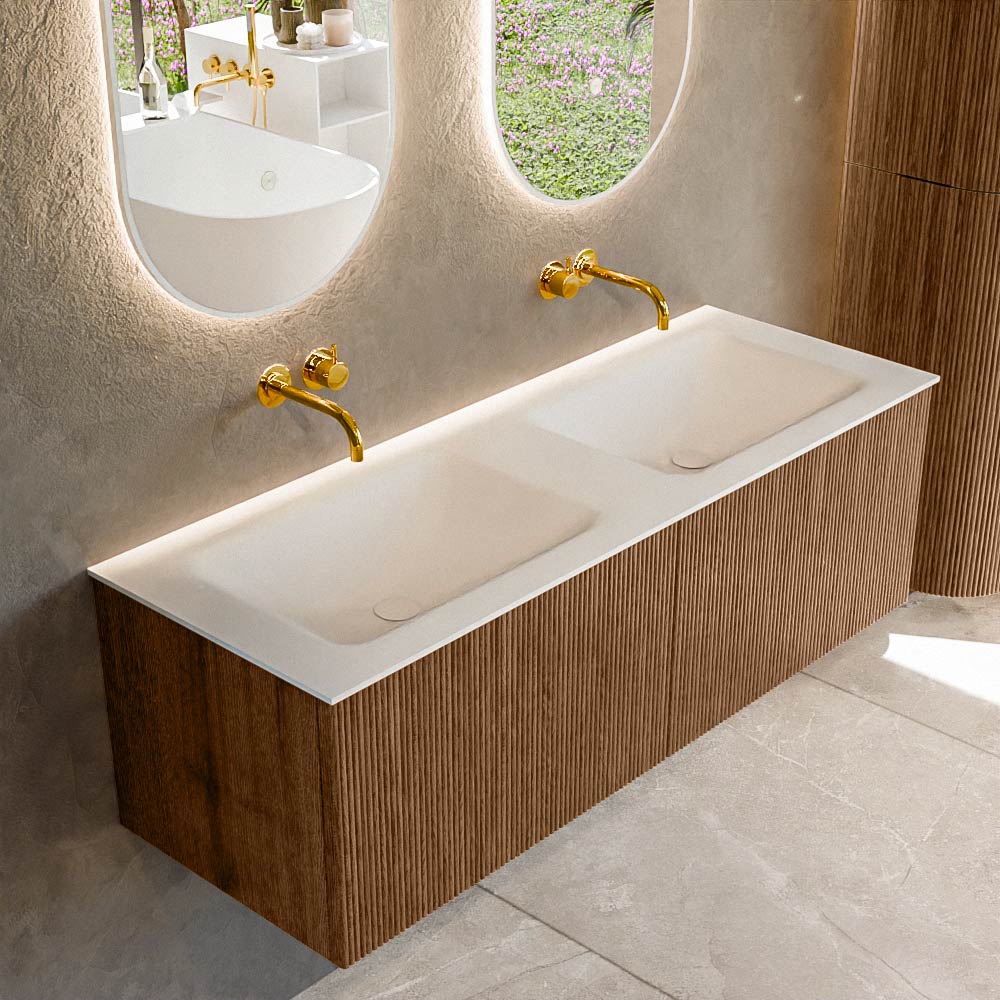 Mondiaz KURVE 130 cm Onderkast Greeploos 2 Lades Zonder Deuren Walnut, Wastafel Solid Surface Dubbel Talc 0 Kraangaten Zonder Spiegel (KRVCLO1302L0D0KD-Wal/Tal)