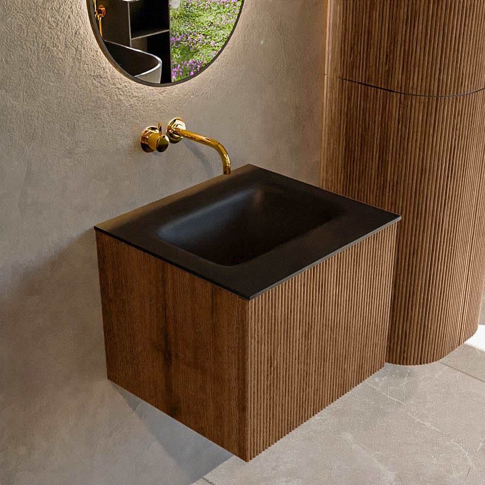 Mondiaz KURVE 50 cm Onderkast Greeploos 1 Lade Zonder Deuren Walnut, Wastafel Solid Surface Midden Urban 0 Kraangaten Zonder Spiegel (KRVGRU501L0D0KM-Wal/Urb)