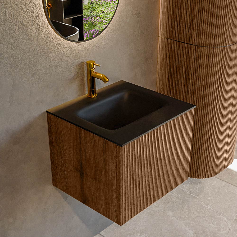 Mondiaz KURVE 50 cm Onderkast Greeploos 1 Lade Zonder Deuren Walnut, Wastafel Solid Surface Midden Urban 1 Kraangat Zonder Spiegel (KRVGRU501L0D1KM-Wal/Urb)