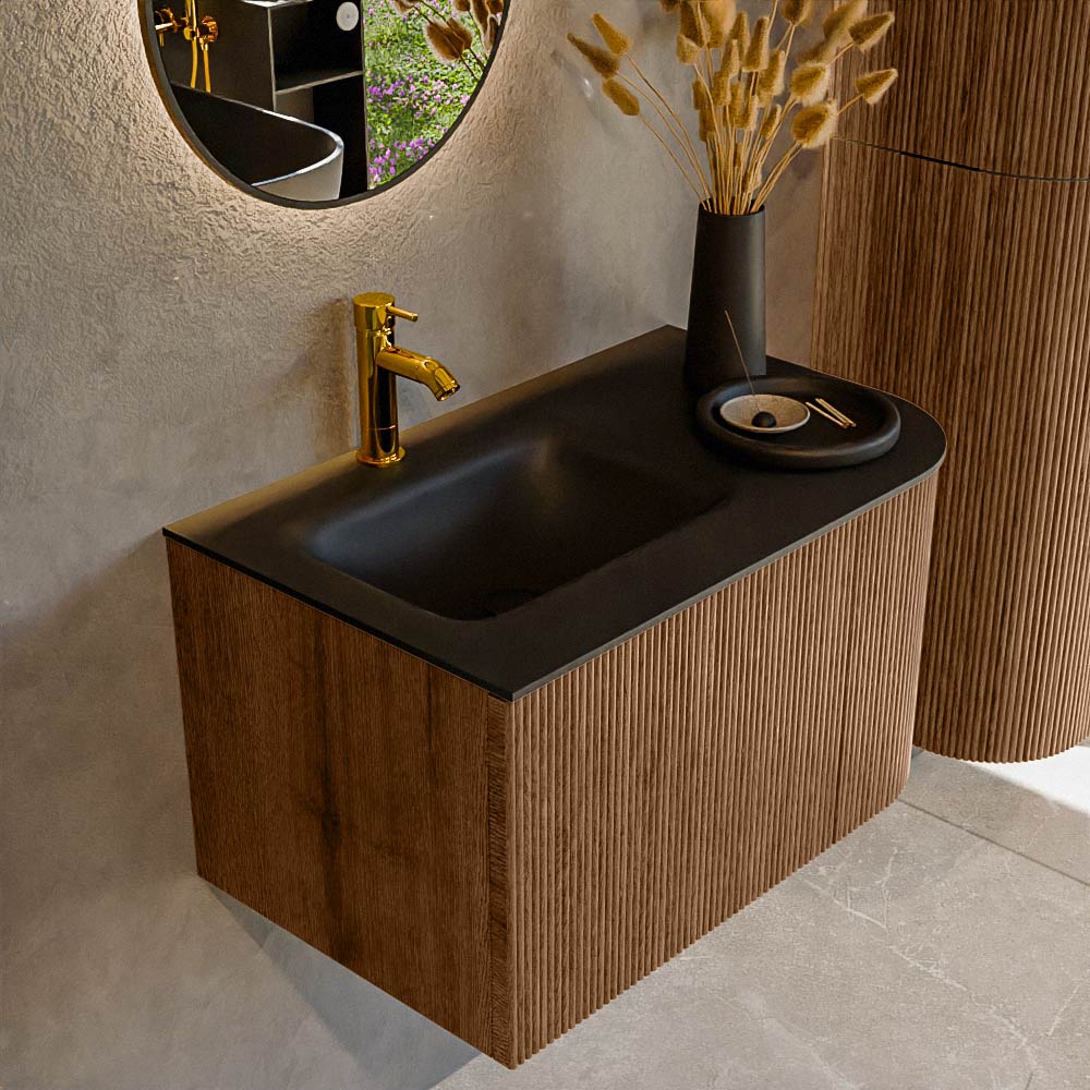 Mondiaz KURVE 75 cm Onderkast Greeploos 1 Lade Met Deuren Walnut, Wastafel Solid Surface Links Urban 1 Kraangat Zonder Spiegel (KRVGRU75R1L1D1KL-Wal/Urb)