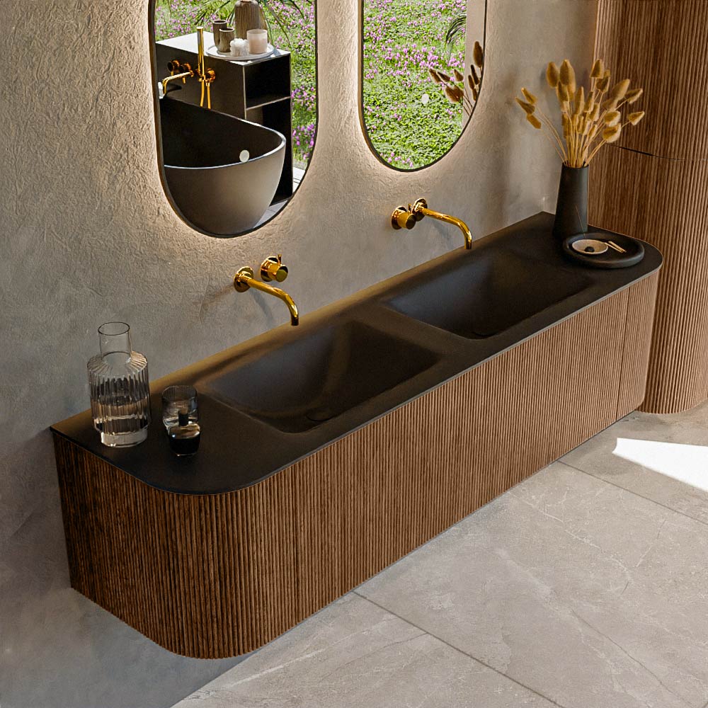Mondiaz KURVE 170 cm Onderkast Greeploos 1 Lade Met Deuren Walnut, Wastafel Solid Surface Dubbel Urban 0 Kraangaten Zonder Spiegel (KRVCLO170L+R1L2D0KD-Wal/Urb)