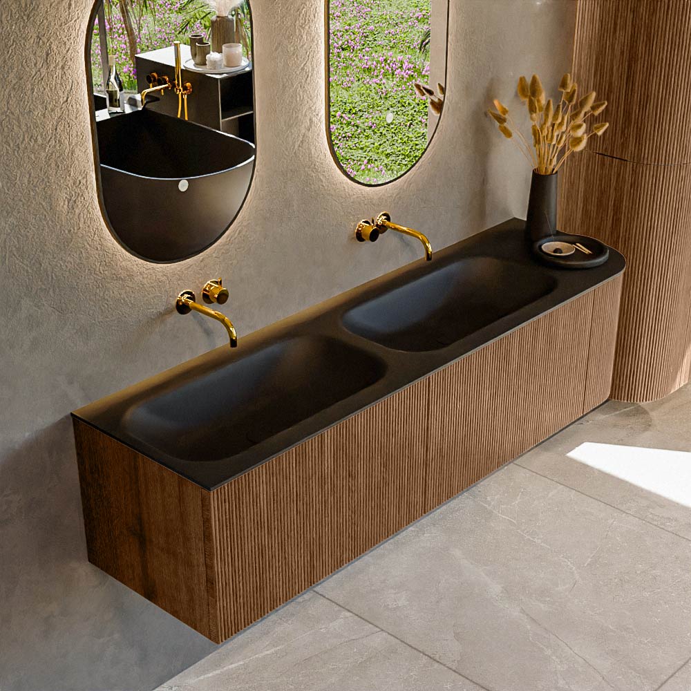 Mondiaz KURVE 165 cm Onderkast Greeploos 2 Lades Met Deuren Walnut, Wastafel Solid Surface Links Urban 0 Kraangaten Zonder Spiegel (KRVBGS165R2L1D0KD-Wal/Urb)