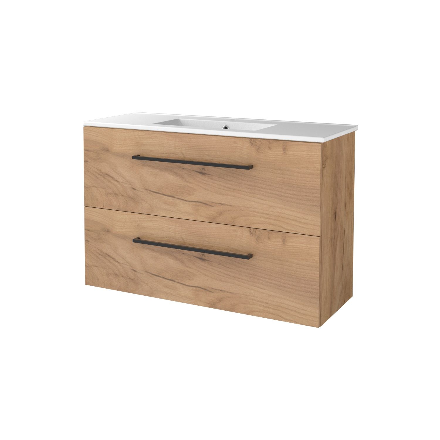 Badmeubelset BWS Salt 100x39cm Met Grepen 2 Lades Met Wastafel 1 Kraangat Whisky Oak