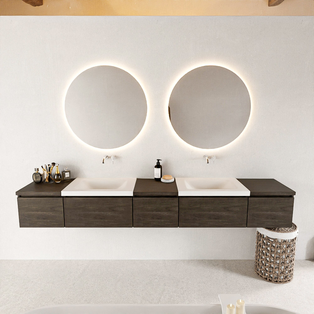 MONDIAZ BUKLA 240cm badmeubel met module 40 kleur Dark Brown met 5 lades. Wastafel CLOUD dubbel 0 kraangaten kleur Talc.