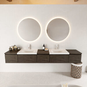 MONDIAZ BUKLA 240cm badmeubel met module 40 kleur Dark Brown met 5 lades. Wastafel CLOUD dubbel 2 kraangaten kleur Talc.