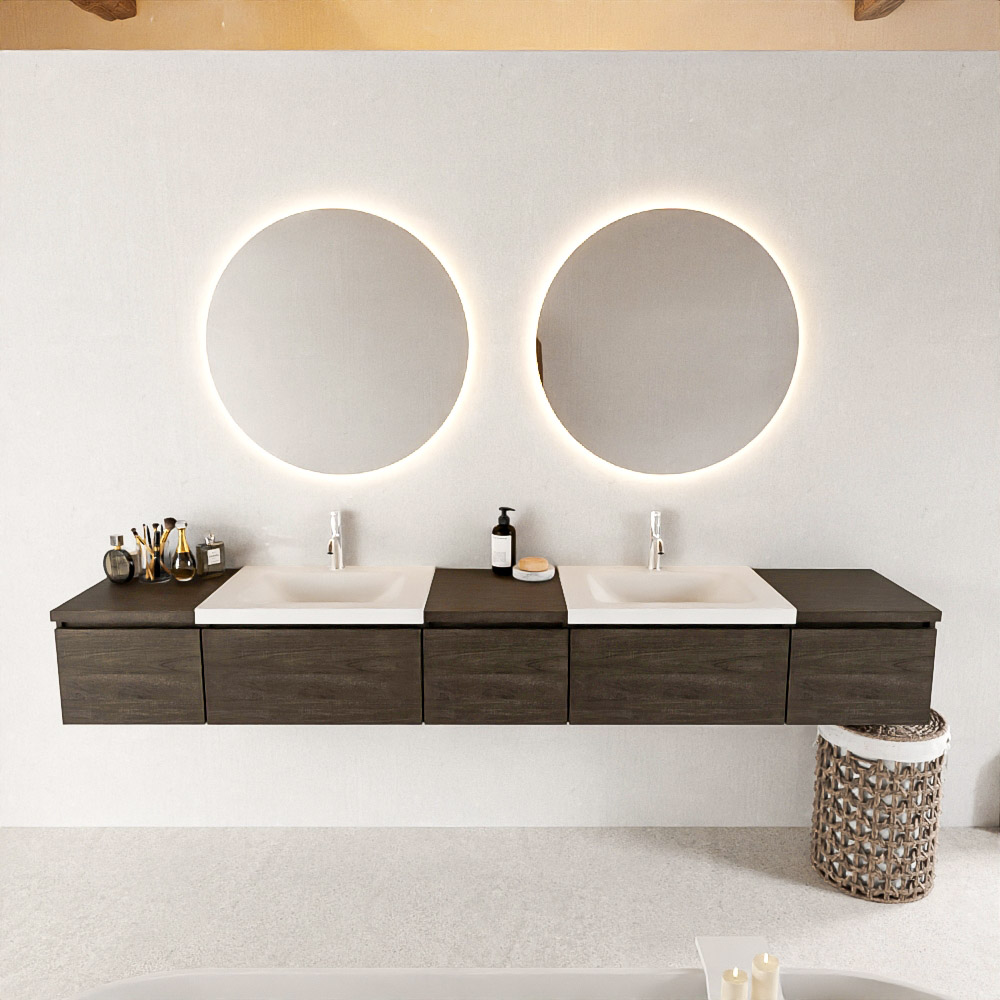 MONDIAZ BUKLA 240cm badmeubel met module 40 kleur Dark Brown met 5 lades. Wastafel CLOUD dubbel 2 kraangaten kleur Talc.