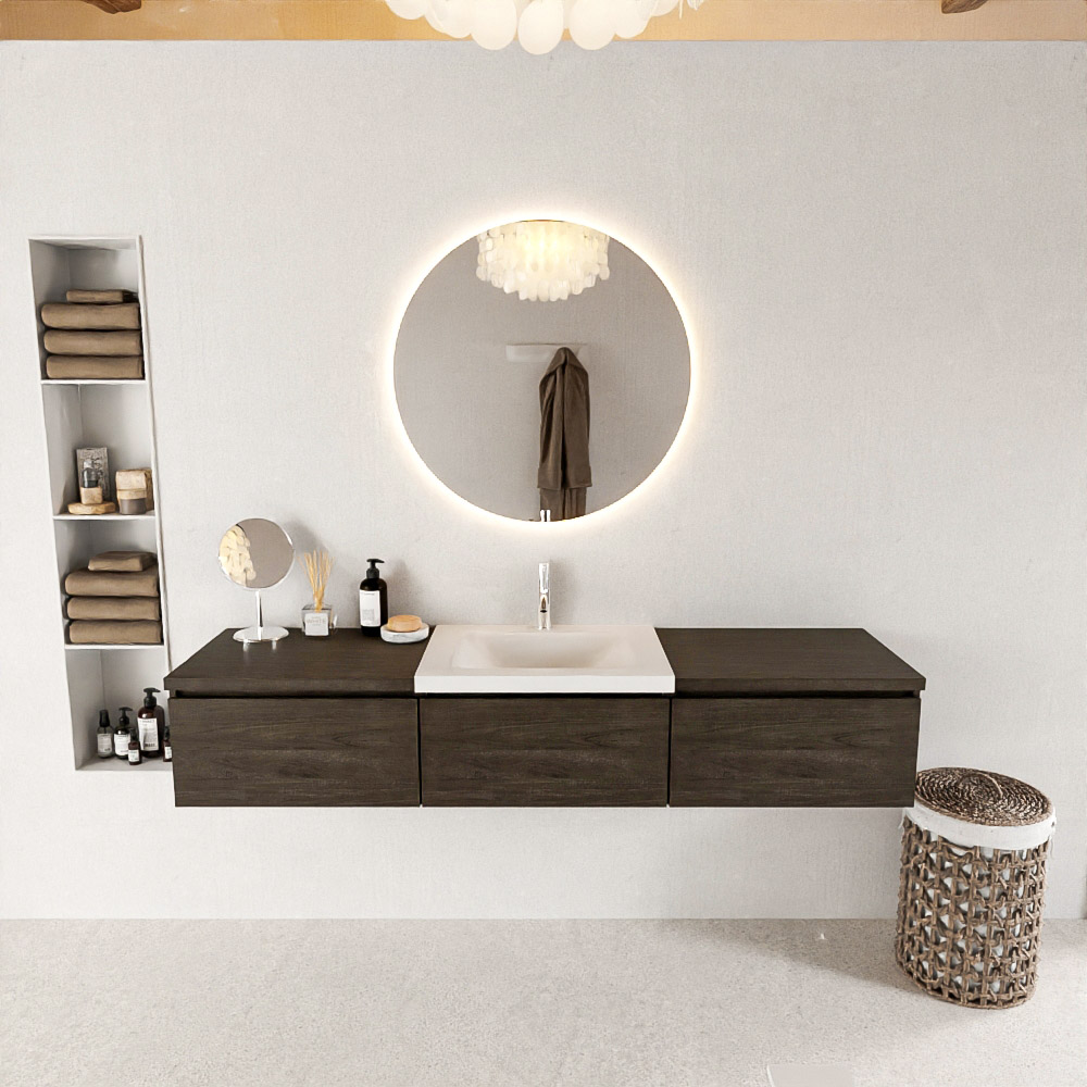 MONDIAZ BUKLA 180cm badmeubel met module 60 kleur Dark Brown met 3 lades. Wastafel CLOUD midden 1 kraangat kleur Talc.