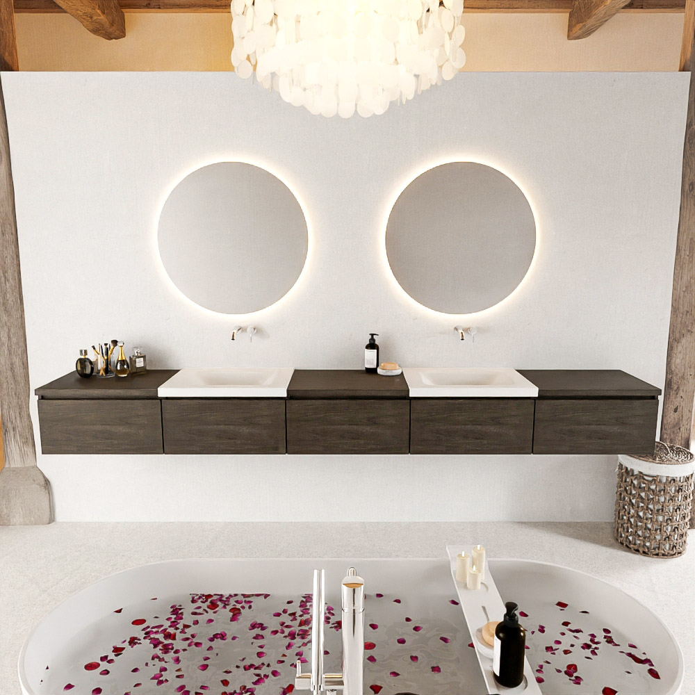 MONDIAZ BUKLA 300cm badmeubel met module 60 kleur Dark Brown met 5 lades. Wastafel CLOUD dubbel 0 kraangaten kleur Talc.