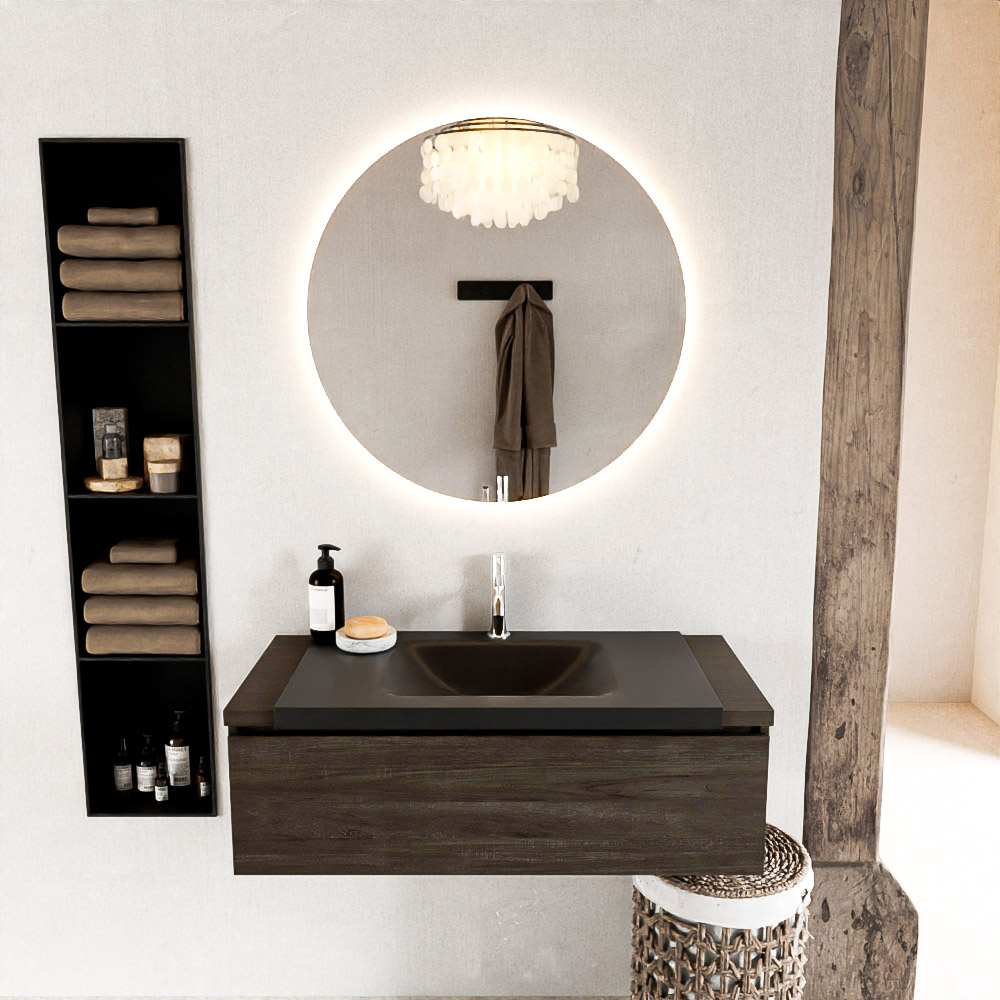 MONDIAZ BUKLA 100cm badmeubel onderkast kleur Dark Brown met 1 lade. Wastafel CLOUD midden 1 kraangat kleur Urban.