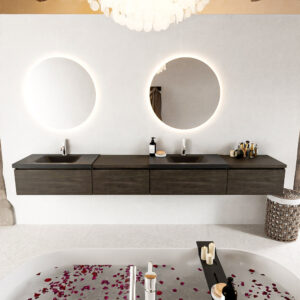 MONDIAZ BUKLA 280cm badmeubel met module 60 links kleur Dark Brown met 4 lades. Wastafel CLOUD dubbel 2 kraangaten kleur Urban.