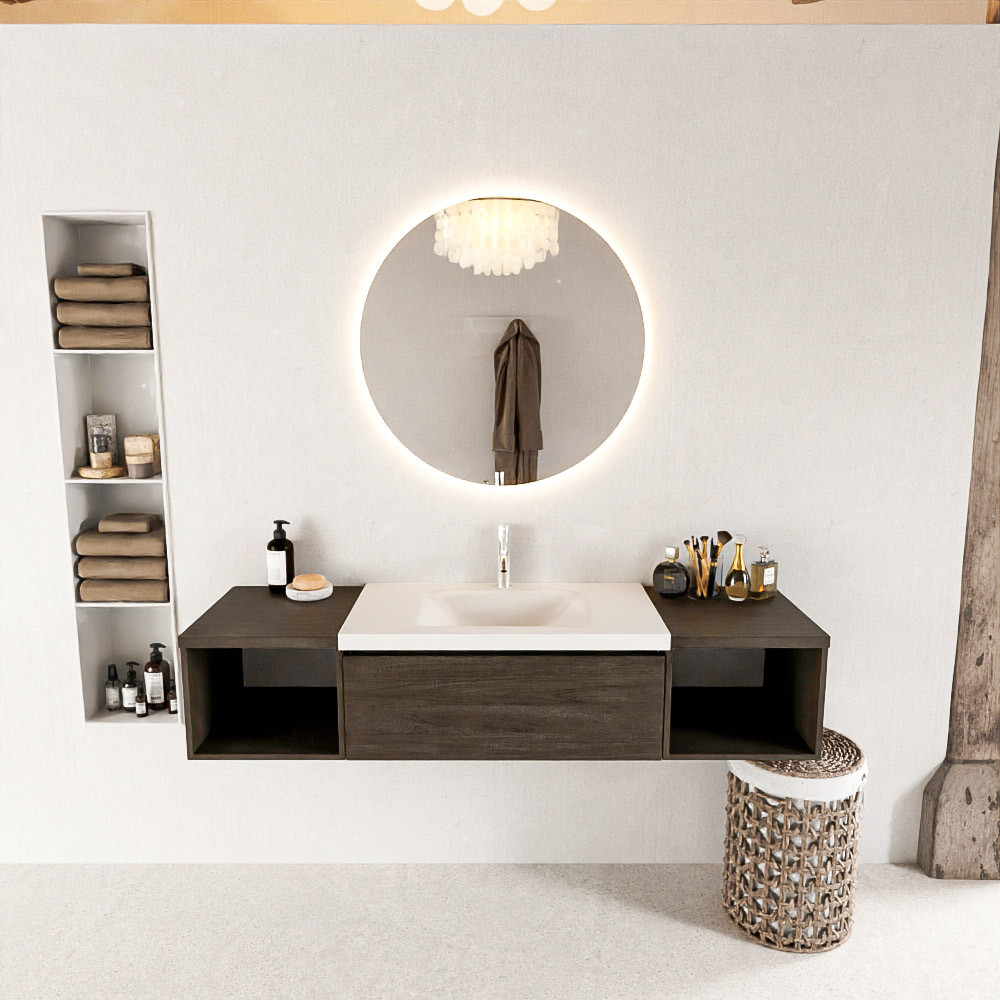 MONDIAZ BUKLA 160cm badmeubel met open module 40 L+R kleur Dark Brown met 2 lades. Wastafel CLOUD midden 1 kraangat kleur Talc.