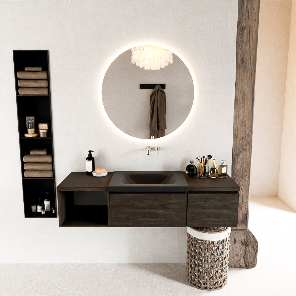 MONDIAZ BUKLA 140cm badmeubel met open module 40 links kleur Dark Brown met 2 lades. Wastafel CLOUD rechts 0 kraangaten kleur Urban.