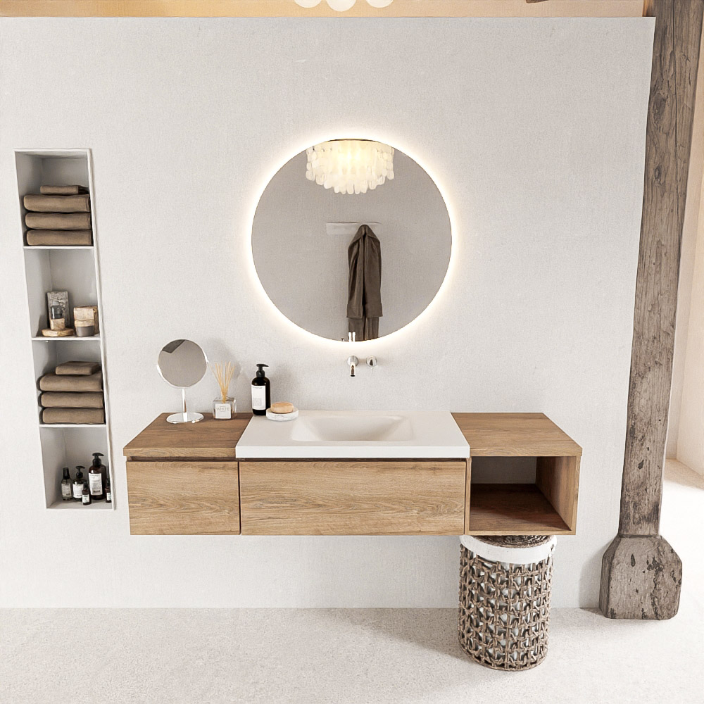 MONDIAZ BUKLA 160cm badmeubel met open module 40 rechts kleur Washed Oak met 2 lades. Wastafel CLOUD midden 0 kraangaten kleur Talc.