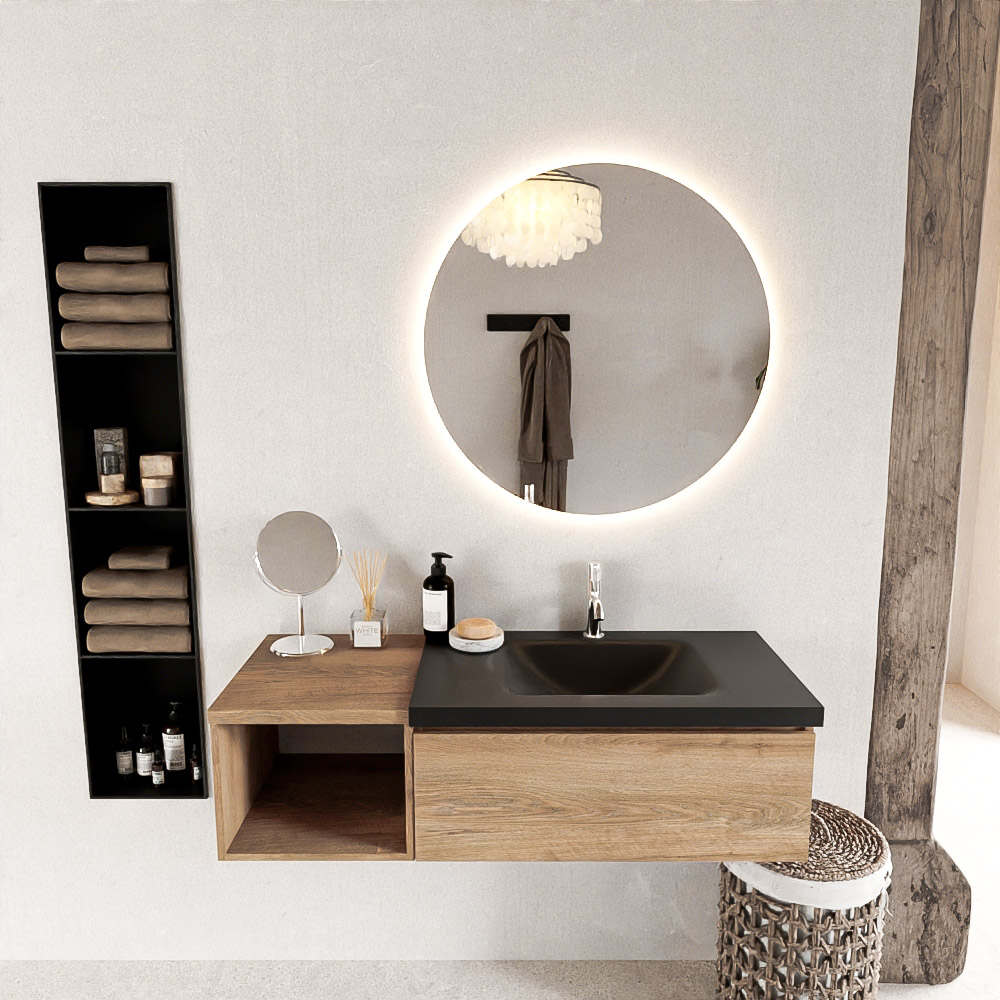MONDIAZ BUKLA 120cm badmeubel met open module 40 kleur Washed Oak met 1 lade. Wastafel CLOUD rechts 1 kraangat kleur Urban.