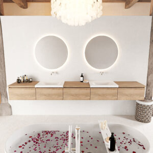 MONDIAZ BUKLA 300cm badmeubel met module 60 kleur Washed Oak met 5 lades. Wastafel CLOUD dubbel 0 kraangaten kleur Talc.