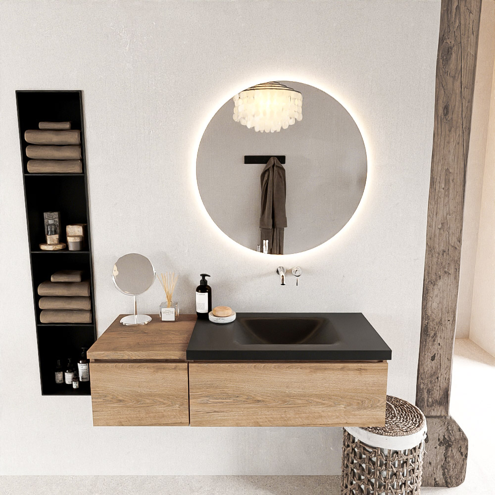 MONDIAZ BUKLA 120cm badmeubel met module 40 kleur Washed Oak met 2 lades. Wastafel CLOUD rechts 0 kraangaten kleur Urban.