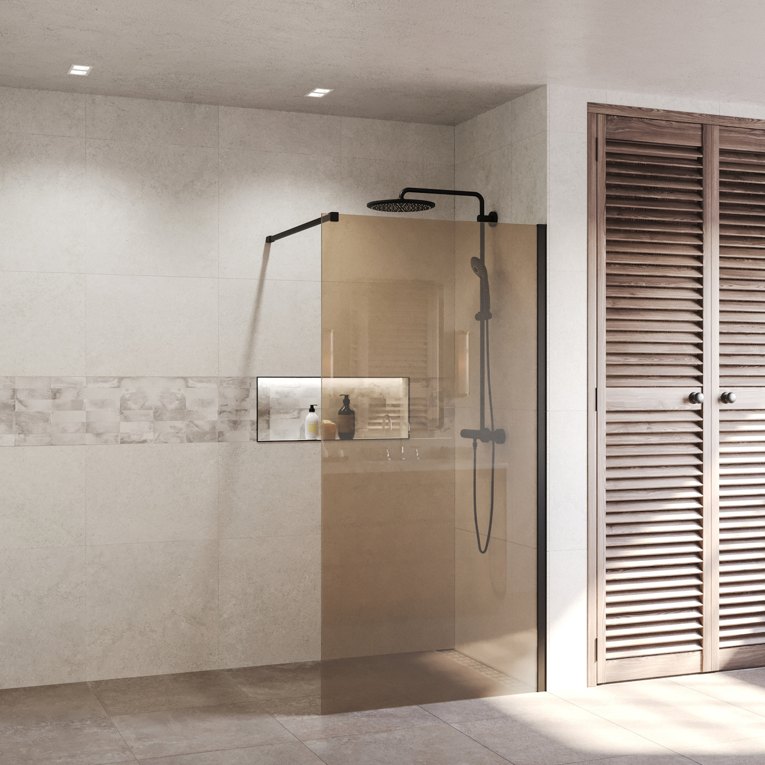 BWS Inloopdouche Pro Line Brons Glas 60x200 8mm Nano Coating Mat Zwart Profiel en Stang