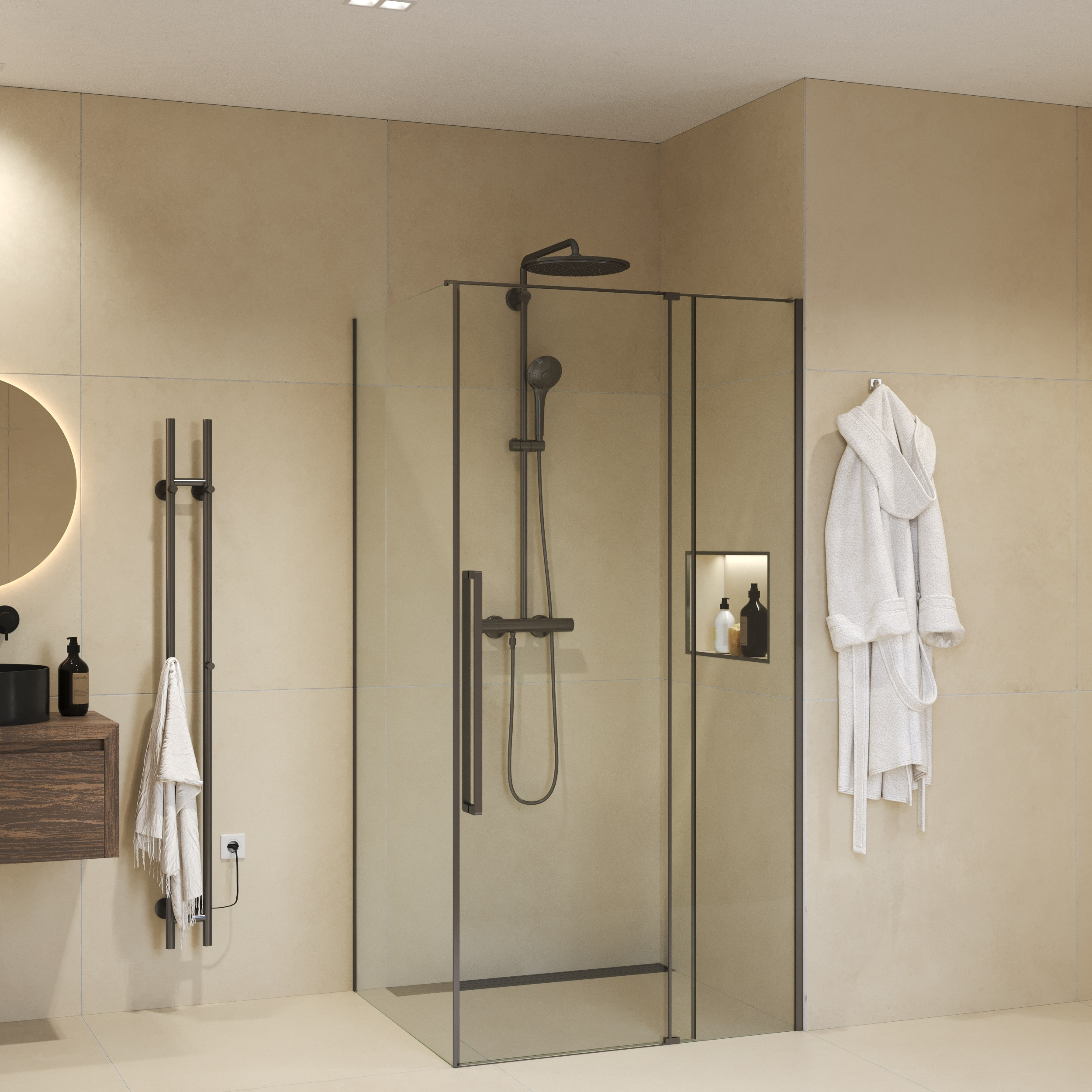 Douchecabine Sanivo Sena Met Vast Paneel Helder Glas Met Montagesets Gunmetal (Alle Maten)