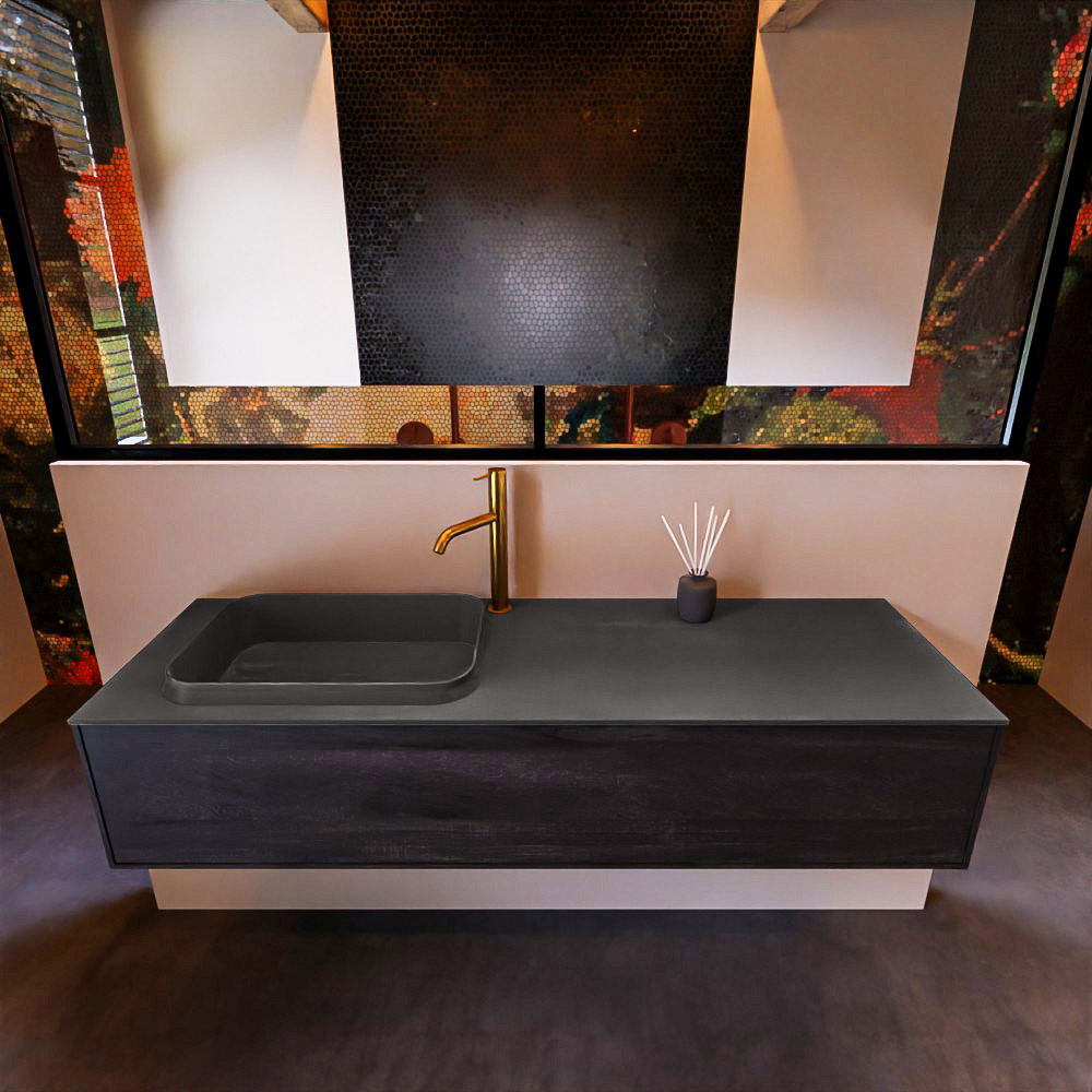 Badkamermeubelset Mondiaz Erin 150 cm met 1 Lade met RIDGE Wastafel Links Dark grey met 1 kraangat Greeploos Mat Antracite