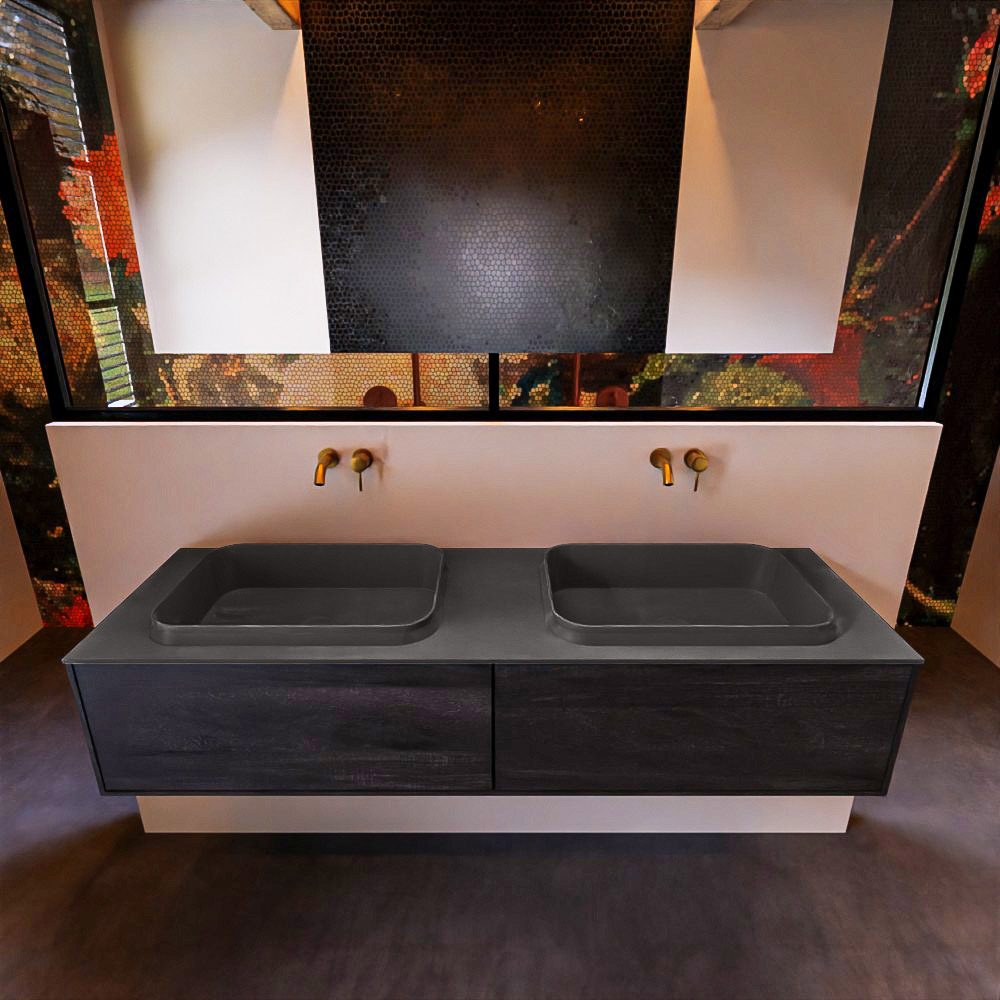 Badkamermeubelset Mondiaz Erin 150 cm met 2 Lades met RIDGE Wastafel Dubbel Dark grey Zonder Kraangaten Greeploos Mat Antracite