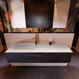 Badkamermeubelset Mondiaz Erin 150 cm met 1 Lade met RIDGE Wastafel Links Linen met 1 kraangat Greeploos Mat Antracite
