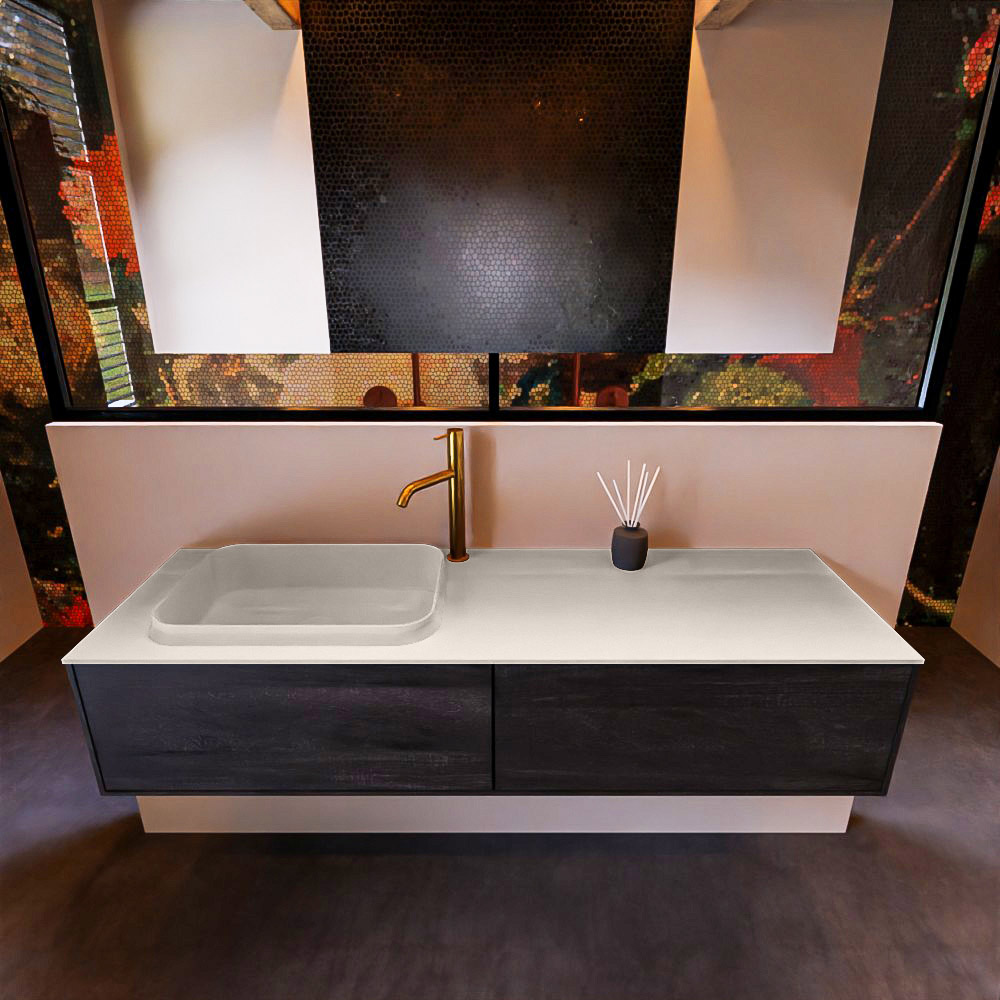 Badkamermeubelset Mondiaz Erin 150 cm met 2 Lades met RIDGE Wastafel Links Linen met 1 kraangat Greeploos Mat Antracite