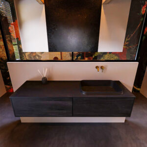 Badkamermeubelset Mondiaz Erin 150 cm met 2 Lades met RIDGE Wastafel Rechts Urban Zonder Kraangaten Greeploos Mat Antracite