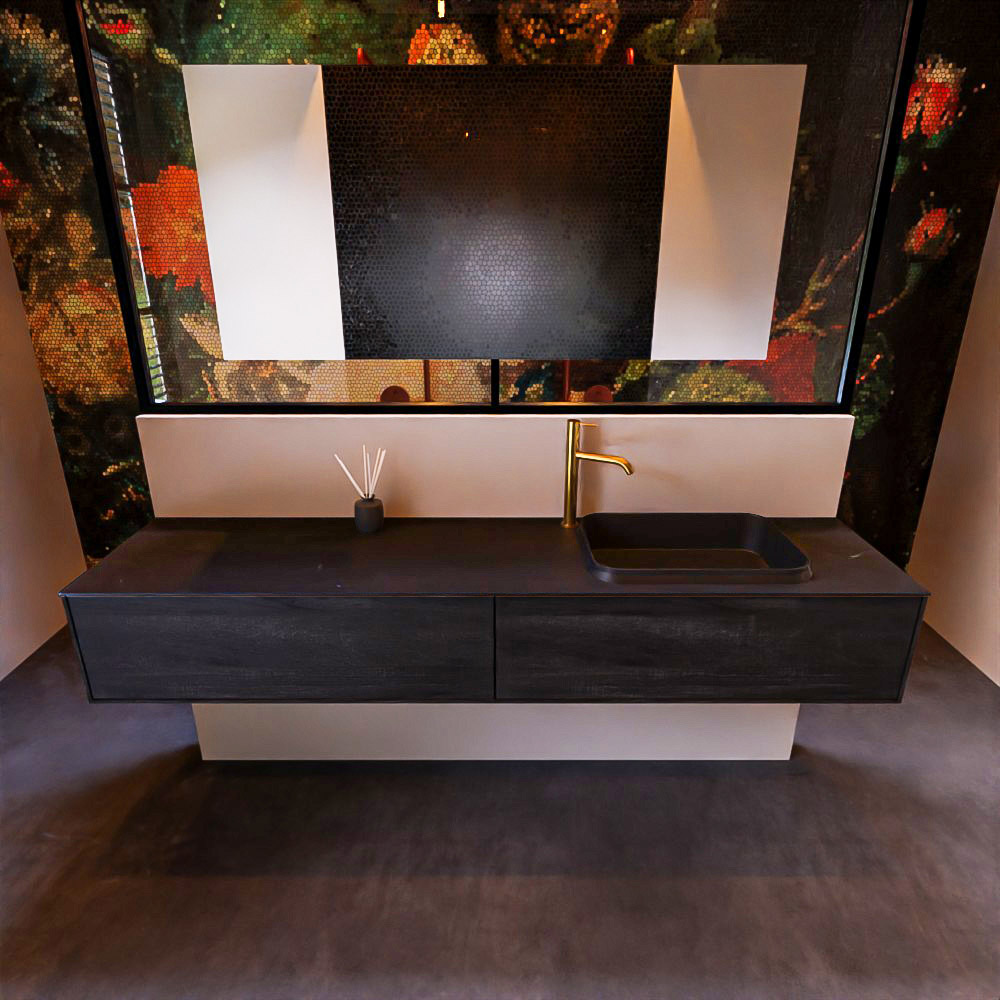 Badkamermeubelset Mondiaz Erin 200 cm met 2 Lades met RIDGE Wastafel Rechts Urban met 1 kraangat Greeploos Mat Antracite