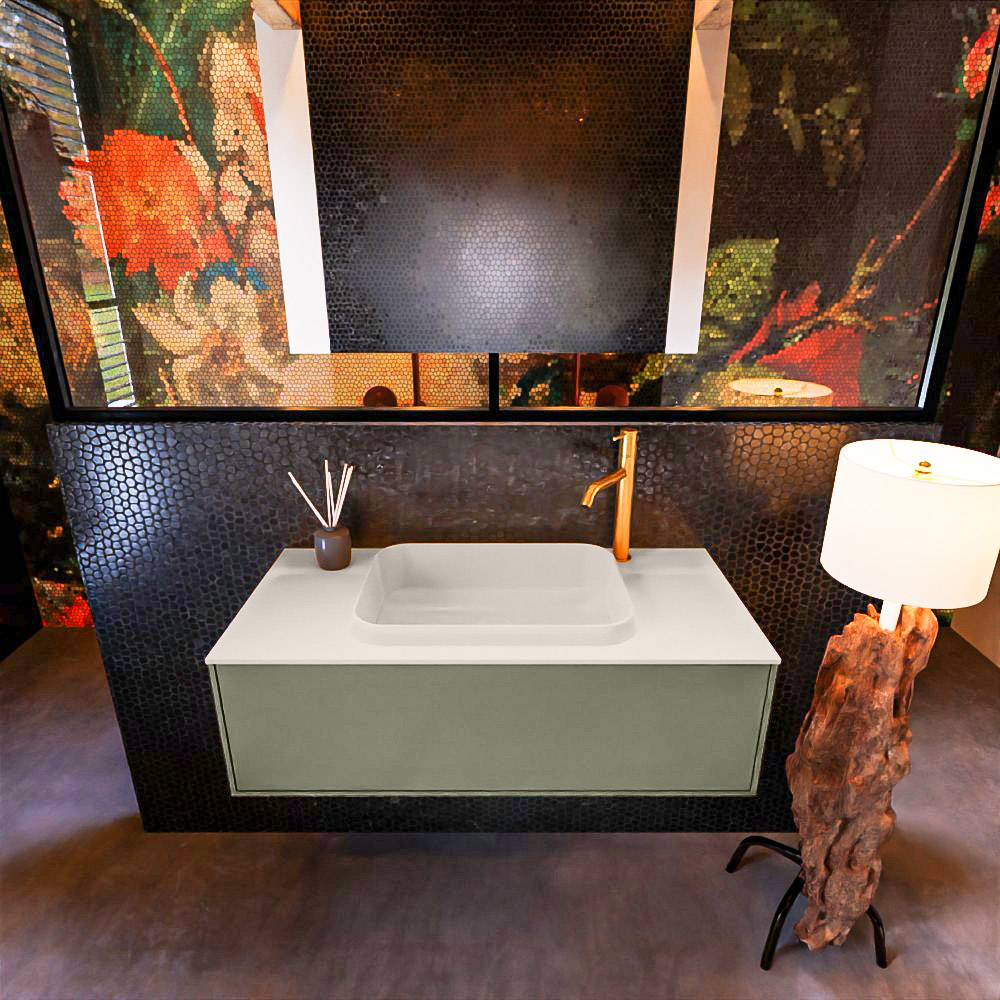 Badkamermeubelset Mondiaz Erin 100 cm met 1 Lade met RIDGE Wastafel Midden Linen met 1 kraangat Greeploos Mat Army