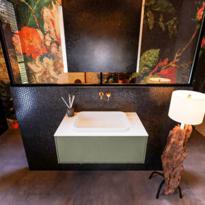 Badkamermeubelset Mondiaz Erin 80 cm met 1 Lade met RIDGE Wastafel Midden Talc Zonder Kraangaten Greeploos Mat Army