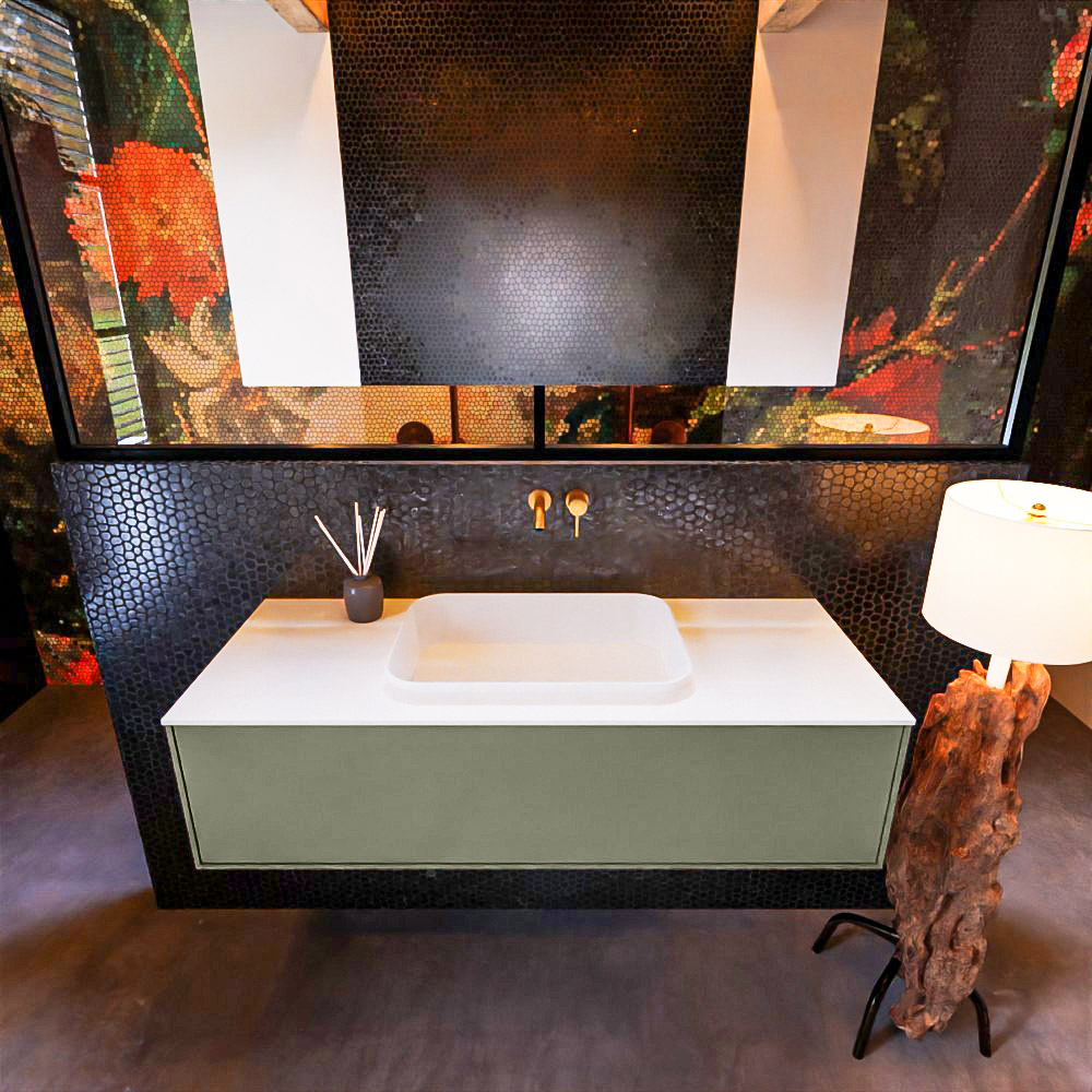 Badkamermeubelset Mondiaz Erin 120 cm met 1 Lade met RIDGE Wastafel Midden Talc Zonder Kraangaten Greeploos Mat Army