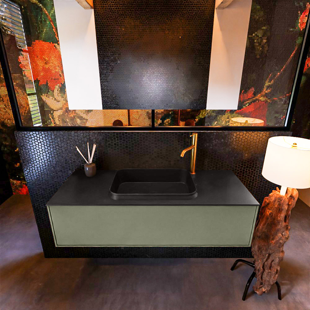 Badkamermeubelset Mondiaz Erin 120 cm met 1 Lade met RIDGE Wastafel Midden Urban met 1 kraangat Greeploos Mat Army