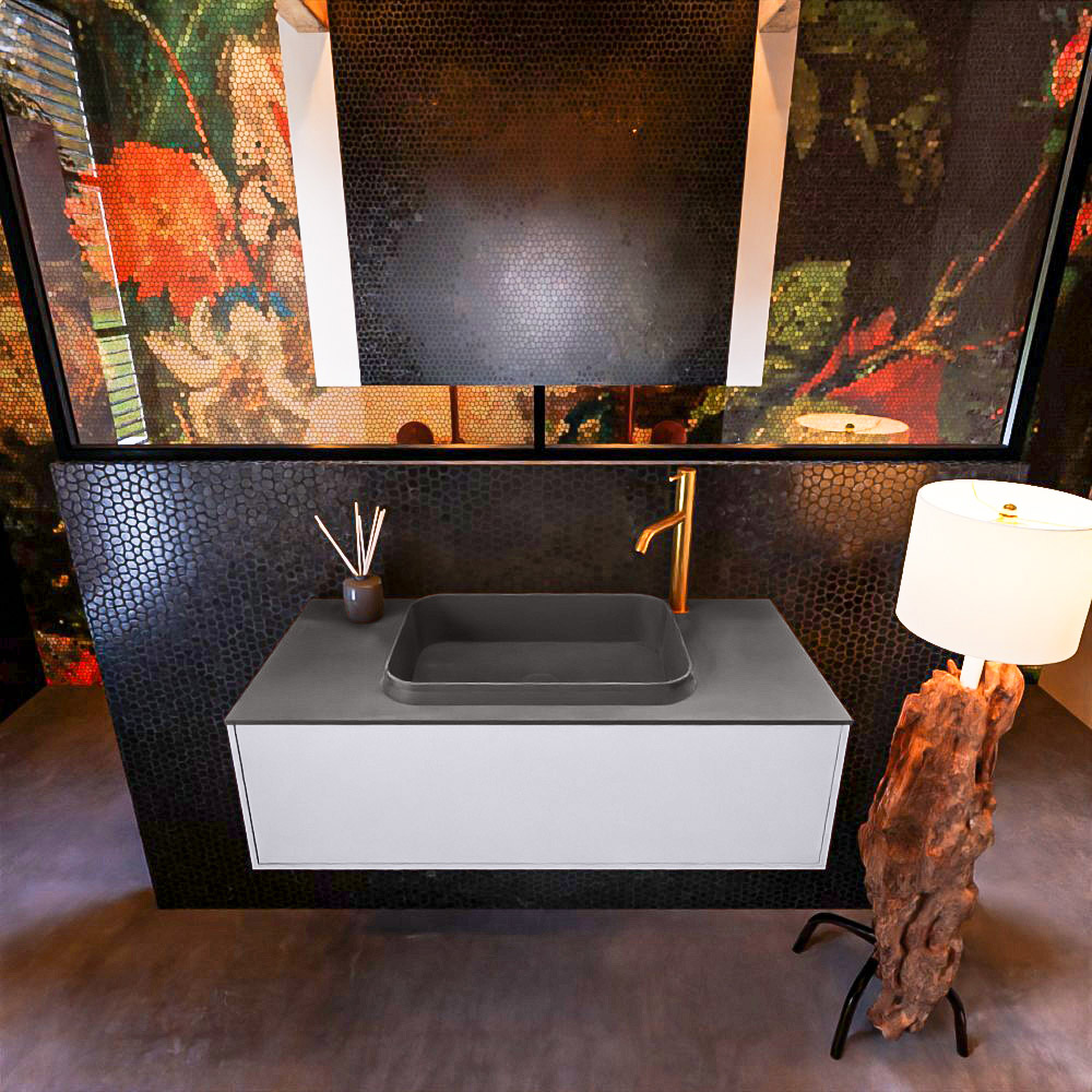 Badkamermeubelset Mondiaz Erin 100 cm met 1 Lade met RIDGE Wastafel Midden Dark grey met 1 kraangat Greeploos Mat Cale