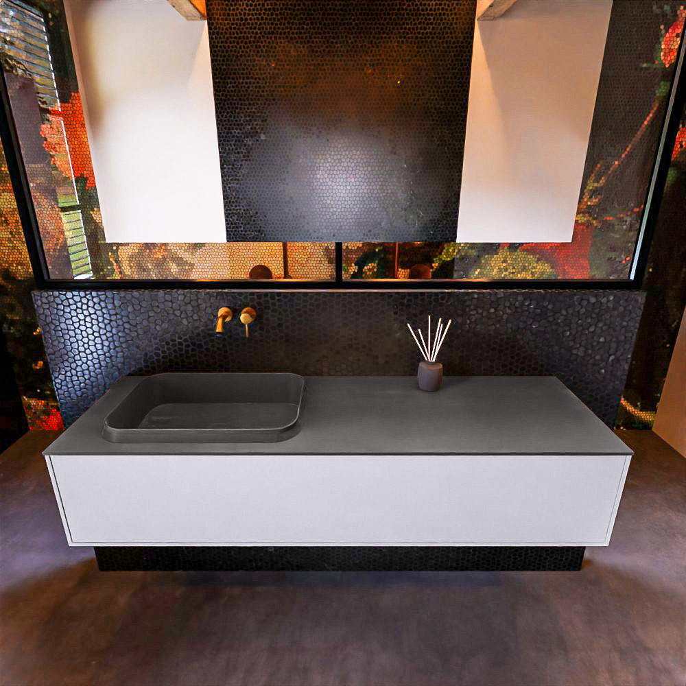 Badkamermeubelset Mondiaz Erin 150 cm met 1 Lade met RIDGE Wastafel Links Dark grey Zonder Kraangaten Greeploos Mat Cale