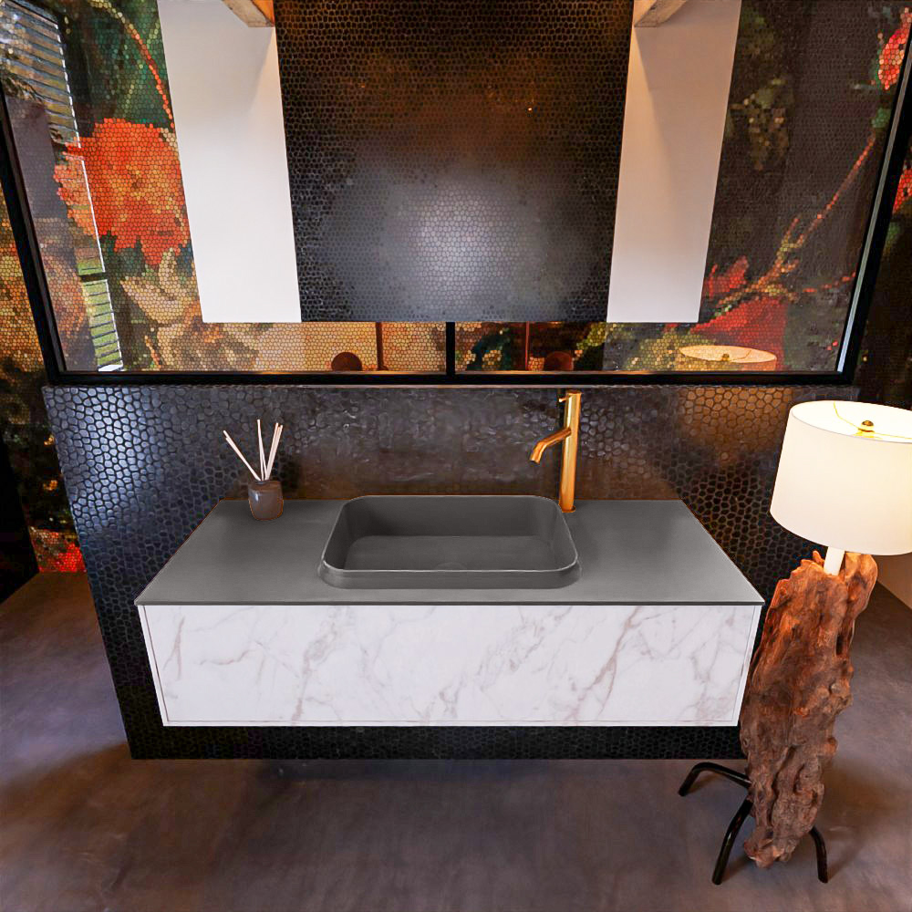 Badkamermeubelset Mondiaz Erin 120 cm met 1 Lade met RIDGE Wastafel Midden Dark grey met 1 kraangat Greeploos Mat Carrara