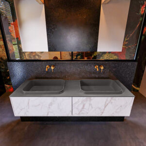 Badkamermeubelset Mondiaz Erin 150 cm met 2 Lades met RIDGE Wastafel Dubbel Dark grey Zonder Kraangaten Greeploos Mat Carrara