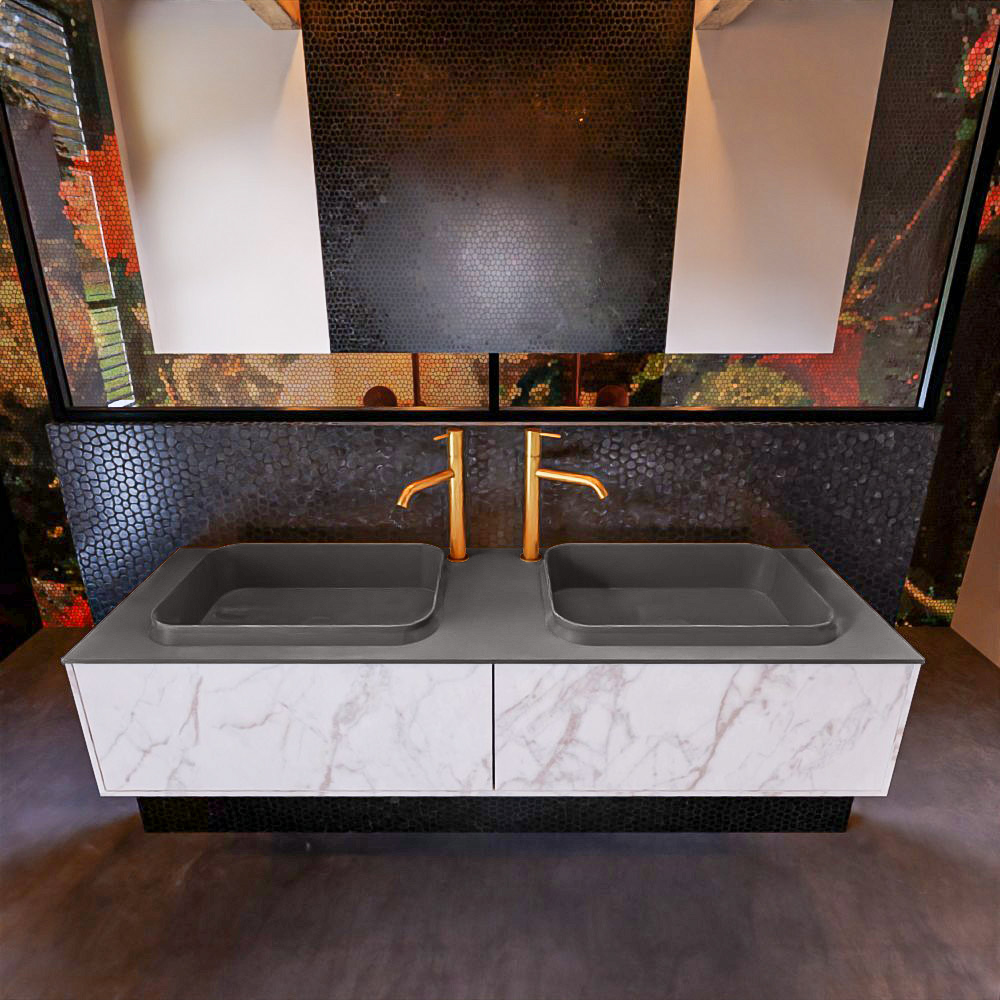 Badkamermeubelset Mondiaz Erin 150 cm met 2 Lades met RIDGE Wastafel Dubbel Dark grey met 2 kraangaten Greeploos Mat Carrara