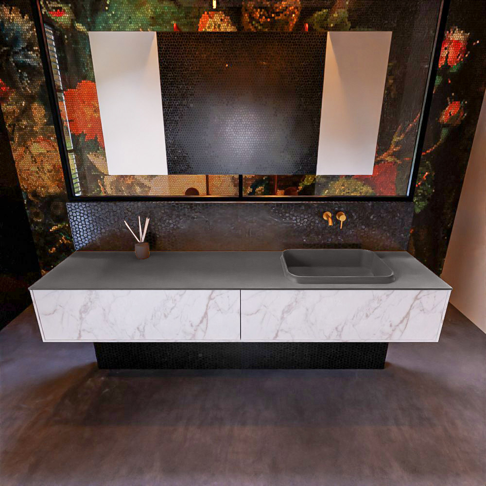 Badkamermeubelset Mondiaz Erin 200 cm met 2 Lades met RIDGE Wastafel Rechts Dark grey Zonder Kraangaten Greeploos Mat Carrara