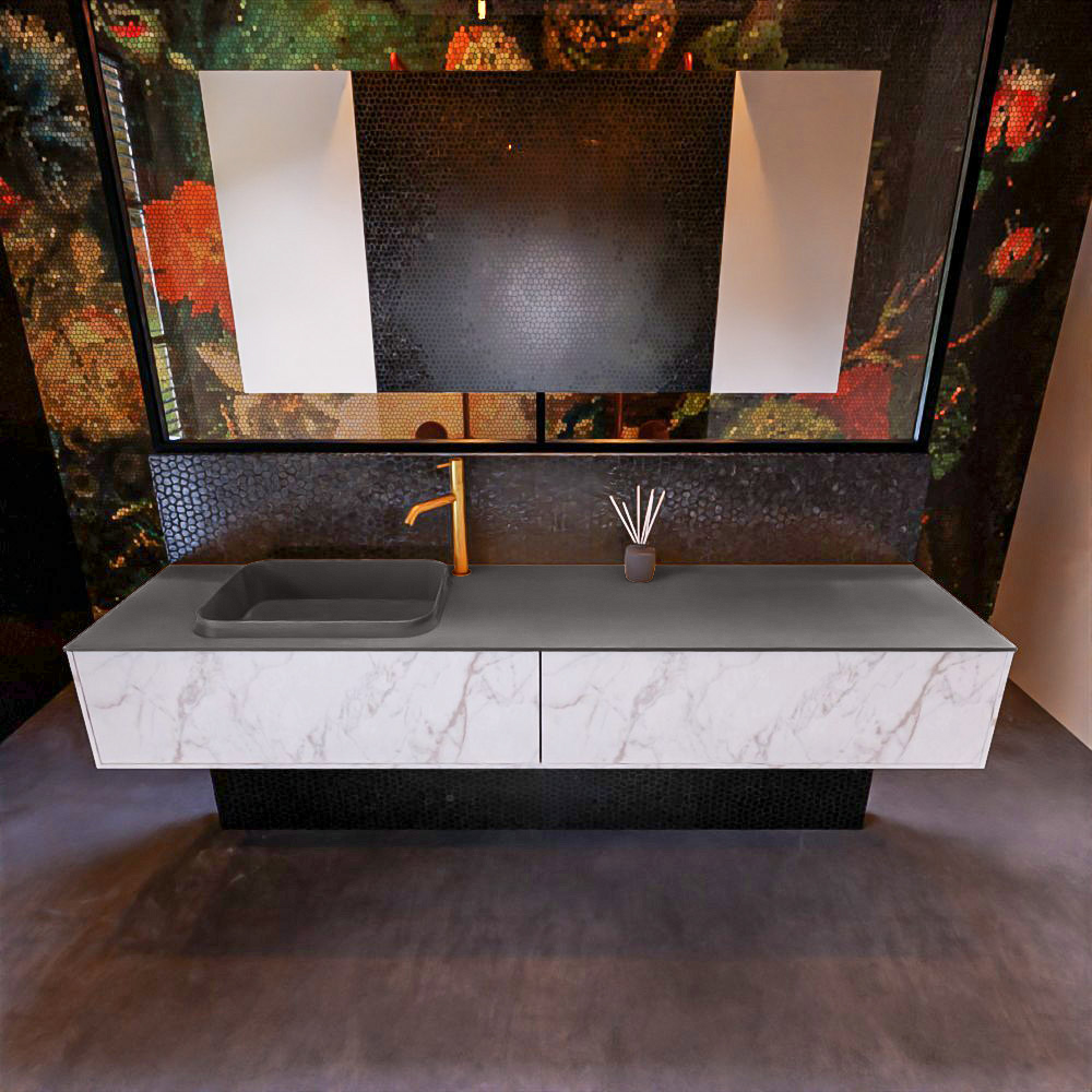 Badkamermeubelset Mondiaz Erin 200 cm met 2 Lades met RIDGE Wastafel Links Dark grey met 1 kraangat Greeploos Mat Carrara